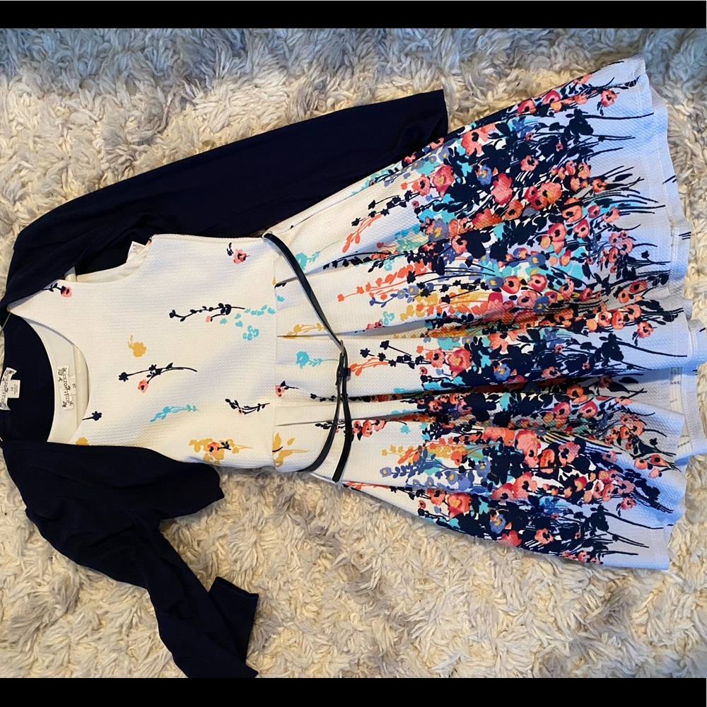 Girls flower dress with belt and cardigan